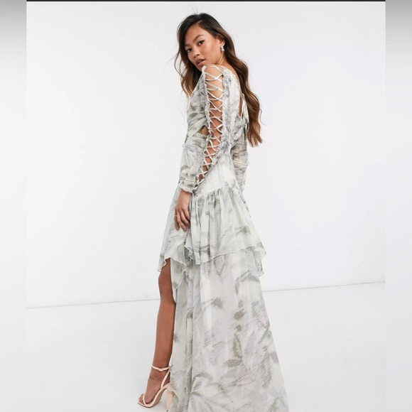 ASOS DESIGN Ruched Chiffon Printed Maxi Dress w/Satin Lace Up Detail, Size 8 - Picture 3 of 7